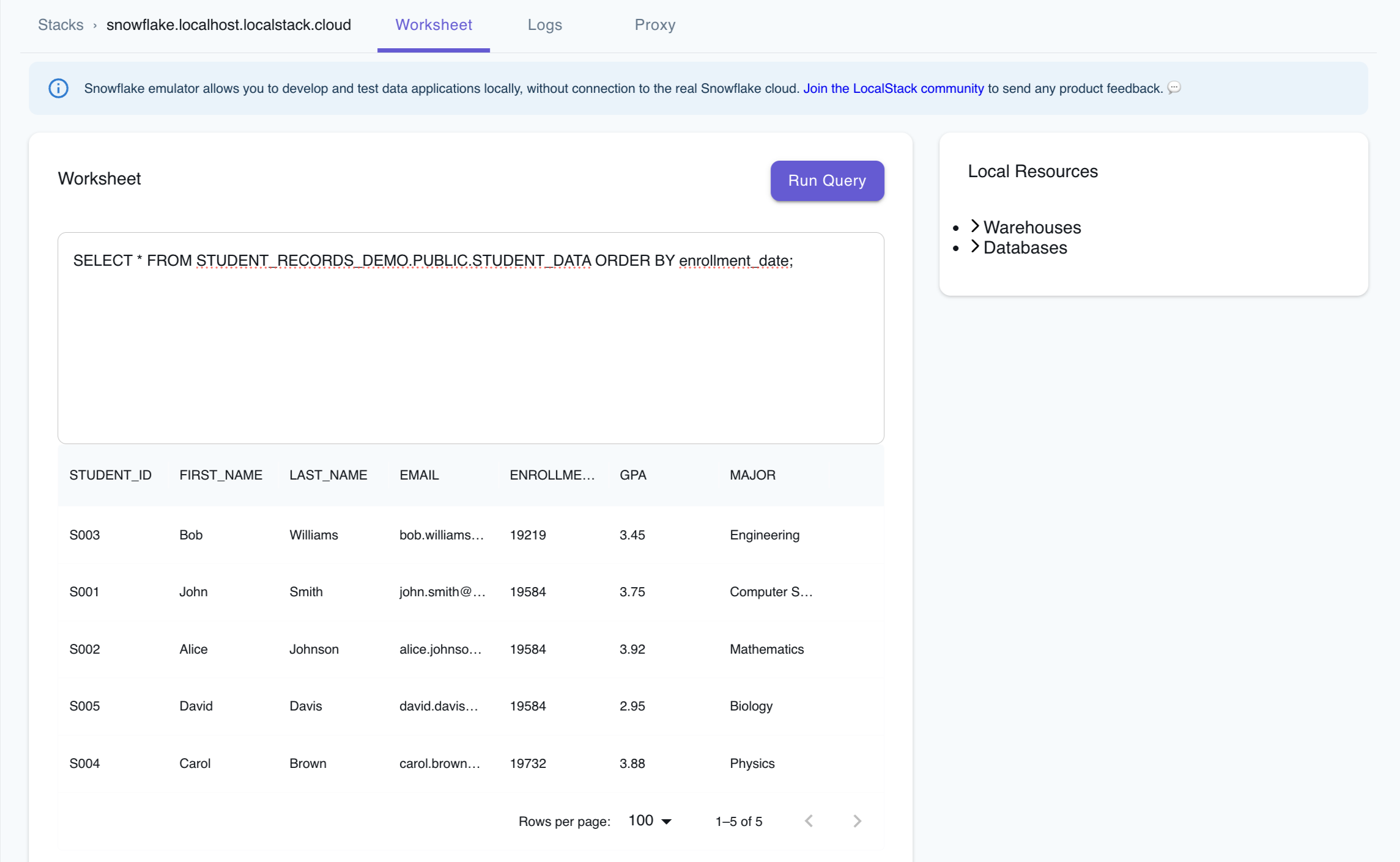 Running SQL queries using LocalStack Web Application